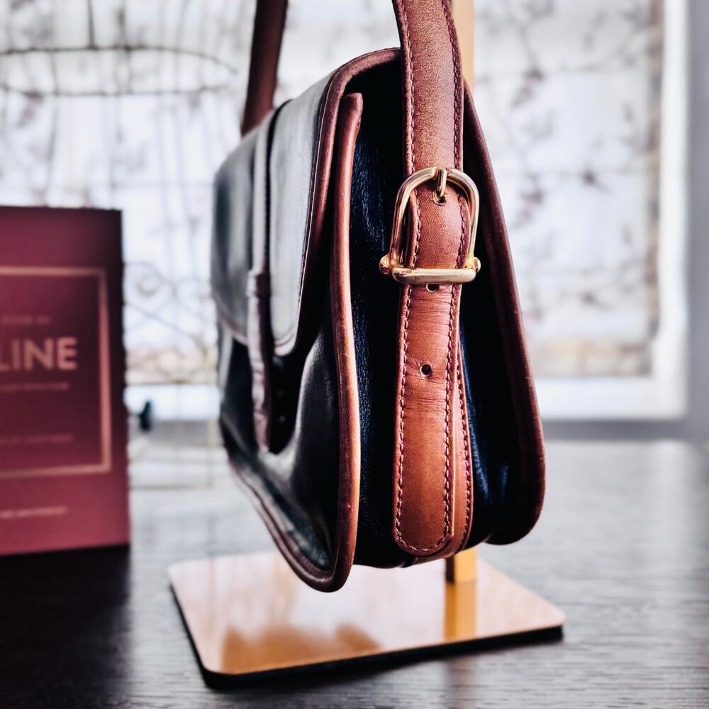 Vintage Celine Paris Blason Black Leather Shoulder Bag Tan Trim Made in Italy - Picture 7 of 16